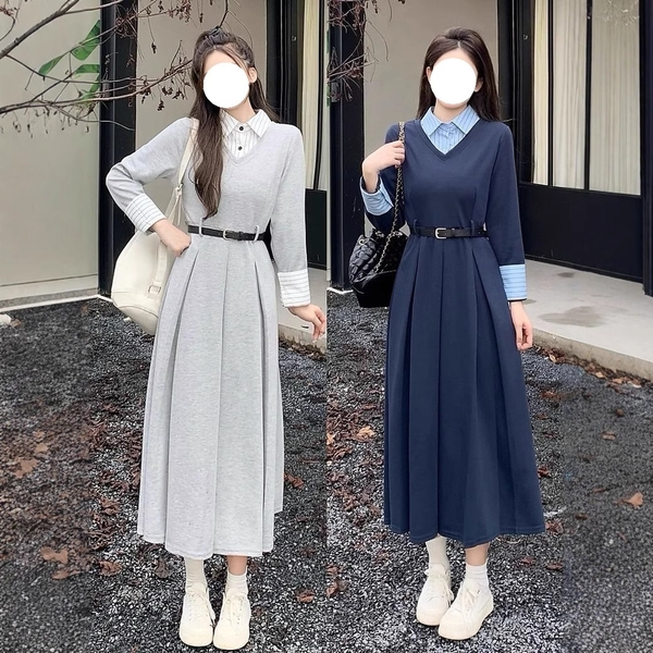 Váy dài tay tiểu thư nhẹ nhàng cổ sơ mi kèm thắt lưng Tuvada - VSM171