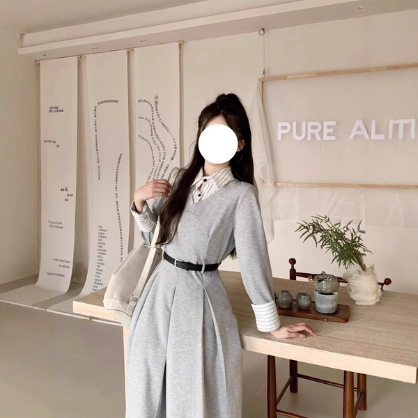 Váy dài tay tiểu thư nhẹ nhàng cổ sơ mi kèm thắt lưng Tuvada - VSM171