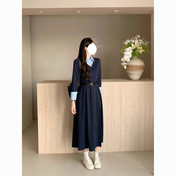 Váy dài tay tiểu thư nhẹ nhàng cổ sơ mi kèm thắt lưng Tuvada - VSM171