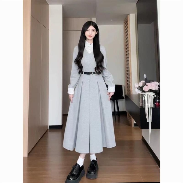 Váy dài tay tiểu thư nhẹ nhàng cổ sơ mi kèm thắt lưng Tuvada - VSM171