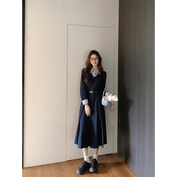 Váy dài tay tiểu thư nhẹ nhàng cổ sơ mi kèm thắt lưng Tuvada - VSM171