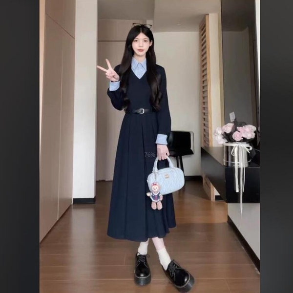 Váy dài tay tiểu thư nhẹ nhàng cổ sơ mi kèm thắt lưng Tuvada - VSM171