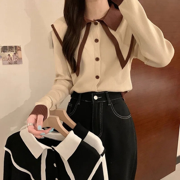 Áo polo nữ dài tay phối màu vạt áo Tuvada, áo mongtoghi vải len, áo dệt kim dài tay Hàn quốc LMT55