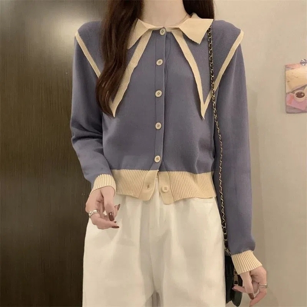 Áo polo nữ dài tay phối màu vạt áo Tuvada, áo mongtoghi vải len, áo dệt kim dài tay Hàn quốc LMT55