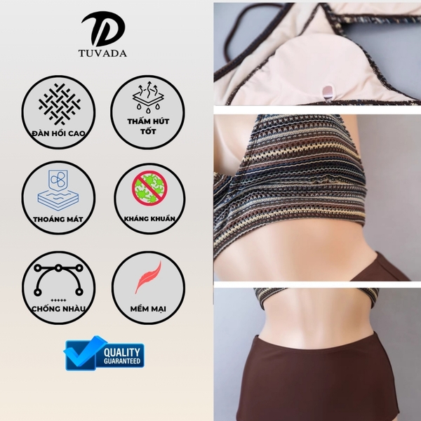 Bikini 2 mảnh Tuvada thổ cẩm, đồ bơi nữ quần cạp cao che bụng, áo tắm đi biển cao cấp - BKN155