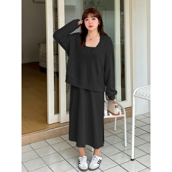 Set váy áo hoodie basic Tuvada, váy dài kèm áo hoodie đen kem có bigsize - SVA143