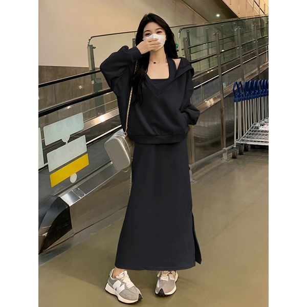 Set váy áo hoodie basic Tuvada, váy dài kèm áo hoodie đen kem có bigsize - SVA143