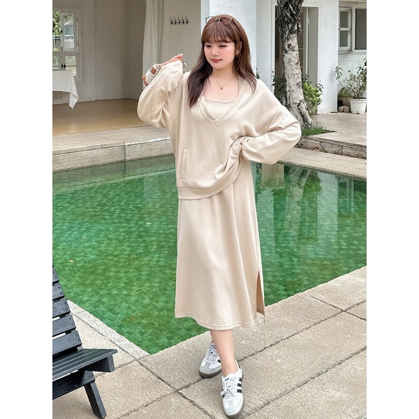 Set váy áo hoodie basic Tuvada, váy dài kèm áo hoodie đen kem có bigsize - SVA143