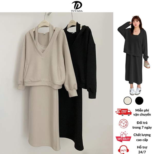 Set váy áo hoodie basic Tuvada, váy dài kèm áo hoodie đen kem có bigsize - SVA143