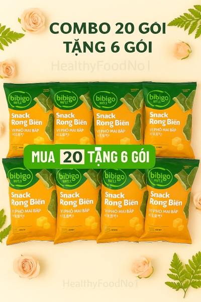 Combo 20 gói snack rong biển bibigo-  tặng 6 gói ngẫu nhiên( truyền thống, phô mai bắp, bắp mật ong)