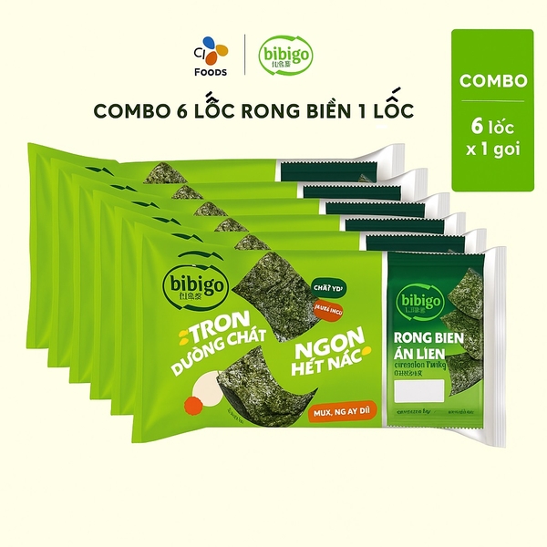 Combo 6 lốc(18 gói) rong biển Bibigo tăng 1 lốc vị ngẫu nhiên( truyền thống, muối hồng, BBQ, dầu mè)