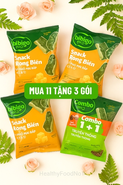 Combo snack rong biển 11 gói tặng 3 gói bất kỳ( vị truyền thống, vị phô mai bắp, vi bắp mật ong)