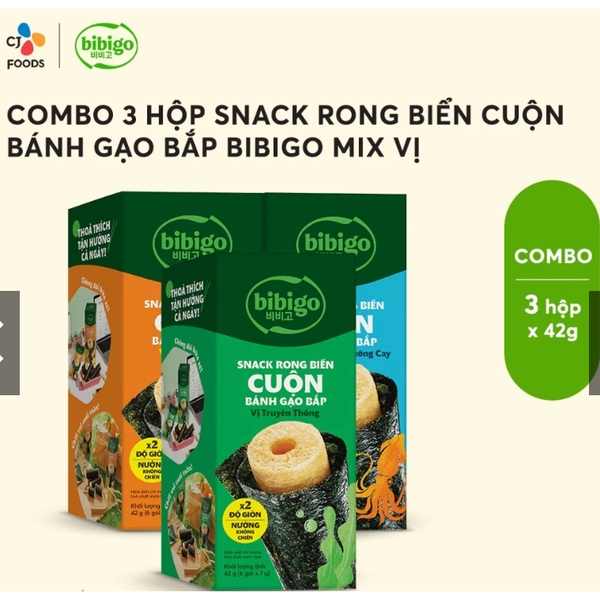 Combo 3 Hộp Snack rong biển cuộn bánh gạo bắp BiBiGo (6 cái/1 hộp)