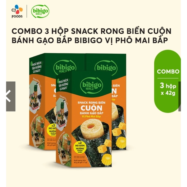 Combo 3 Hộp Snack rong biển cuộn bánh gạo bắp BiBiGo (6 cái/1 hộp)