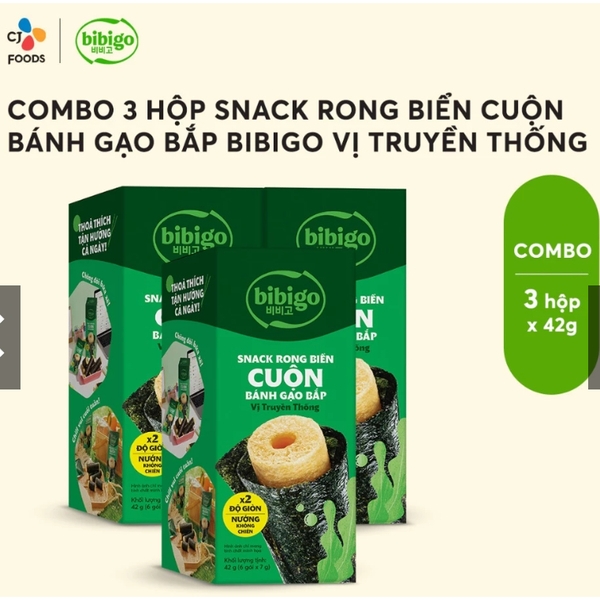 Combo 3 Hộp Snack rong biển cuộn bánh gạo bắp BiBiGo (6 cái/1 hộp)