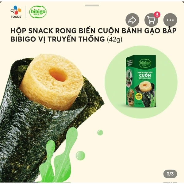 Combo 3 Hộp Snack rong biển cuộn bánh gạo bắp BiBiGo (6 cái/1 hộp)
