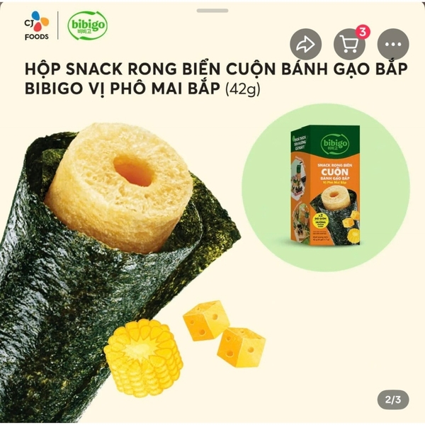 Combo 3 Hộp Snack rong biển cuộn bánh gạo bắp BiBiGo (6 cái/1 hộp)