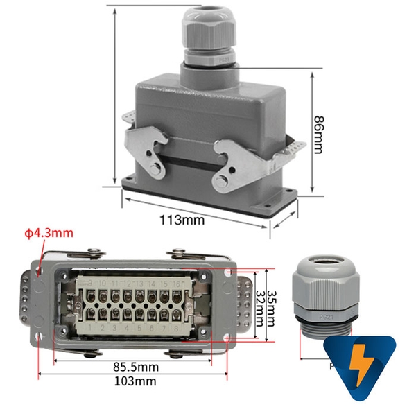 Giắc cắm (jack cắm) phích cắm 16 chân 16A HDC-HE-016-F HDC-HE-016-M hướng lên