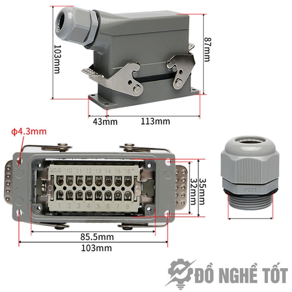 Đầu nối 16 chân, đầu nối 16 pin 16A hướng ngang