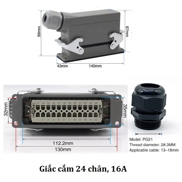 Jack cắm công nghiệp, phích cắm công nghiệp 24 chân 16A