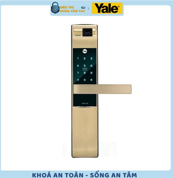 Mặt trước phối cảnh góc nghiêng của khóa vân tay cao cấp Yale YDM7116A CG màu vàng