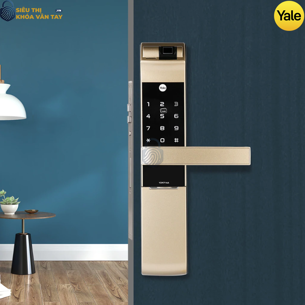 Góc chụp nghiêng tay gạt mặt trong và mặt ngoài khóa vân tay thông minh Yale YDM7116A CG