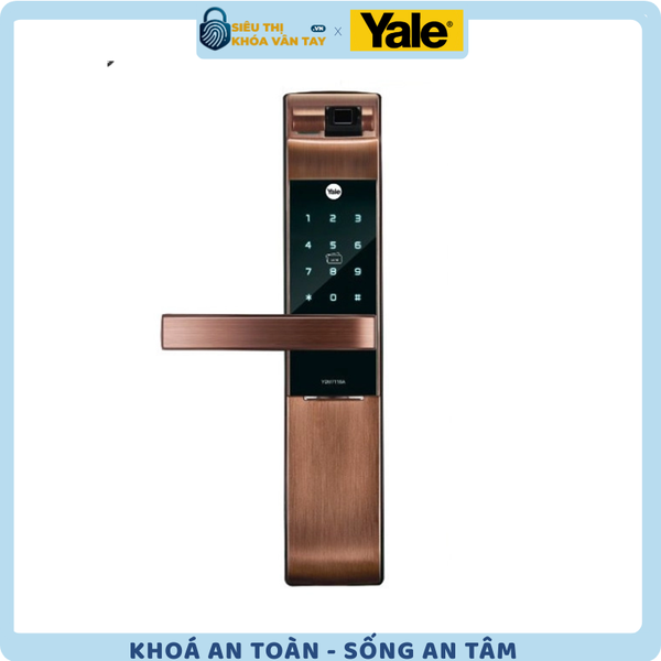 Khóa thông minh Yale YDM7116A RB màu đồng đỏ sang trọng trên nền cửa gỗ tân cổ điển