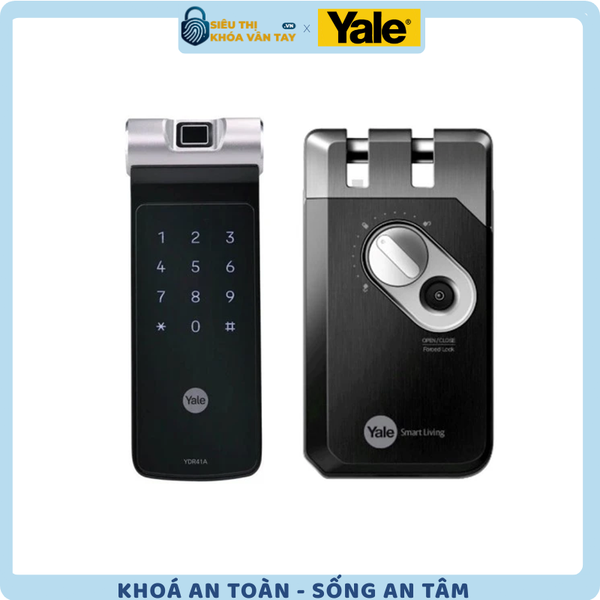 Mặt trước màu đen nhám viền bạc của khóa thông minh Yale YDR41A trên nền kính cường lực