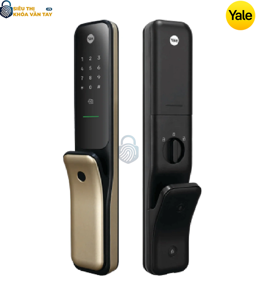 Cận cảnh góc nghiêng thân khóa thông minh Yale KyraP-IB03-6B-35-NN màu vàng thể hiện độ dày hợp kim và vị trí đầu đọc vân tay