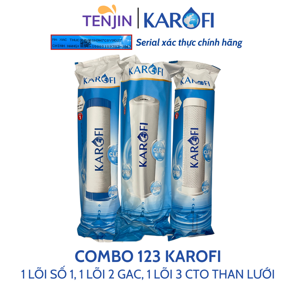 Combo 3 lõi lọc thô Karofi 1 2 3 dùng cho máy lọc nước RO có 3 cốc lọc 10inch (Lõi 3 là than lưới)