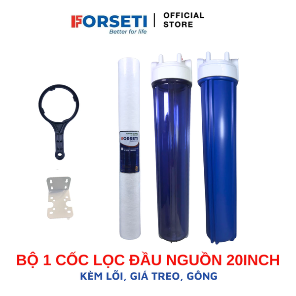 Bộ Lọc 20inch Đầu Nguồn Ren 21 Và Ren 27 Trong Và Xanh Đầy Đủ Phụ Kiện Kèm Gông Tháo, Giá Treo, Lõi Lọc
