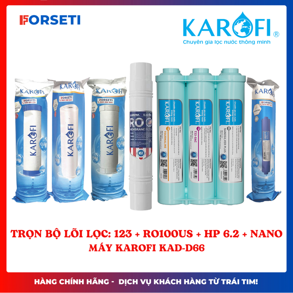Bộ 11 lõi lọc nước Karofi chính hãng cho máy lọc nước Karofi KAD-D66 (123, RO 100 Mỹ, HP6.2, Nano)