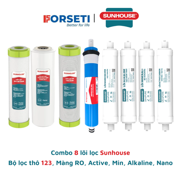 Trọn bộ 8 lõi lọc Sunhouse chính hãng dùng cho máy lọc nước SHA8858K,... (123, RO, Active, Min, Alkaline, Nano)