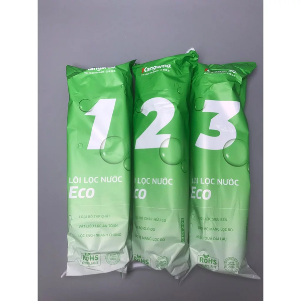 Combo 3 lõi lọc thô số 123 Kangaroo Eco (vỏ mới) lắp được cho máy lọc RO có 3 cốc lọc thô 10 inch