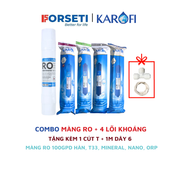 Combo màng RO đúc nguyên khối 100 GPD và 4 lõi chức năng T33, Mineral, Orp, Nano cho máy Karofi