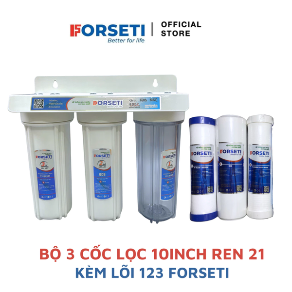 Bộ 3 cốc lọc thô trắng 10inch ren 21 kèm Lõi 123 Forseti, Gông mở, Cút đầu ra phi 10