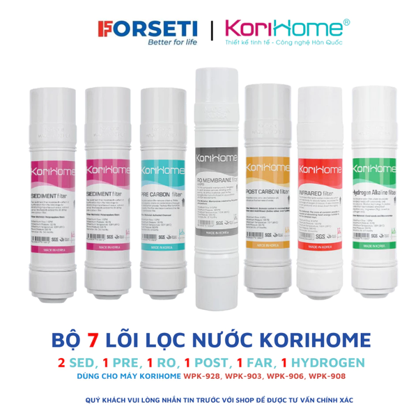 Combo 7 lõi lọc Korihome cho máy model máy Wpk-903, Wpk-928,... chính hãng (2sed,1pre,1RO,1Post,1Hydrogen,1Far)