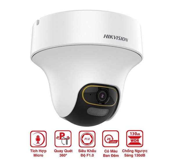 Camera bán cầu PT trong nhà ColorVu 2MP Hikvision DS-2CE70DF3T-PTS, có micro, đèn trắng 20m