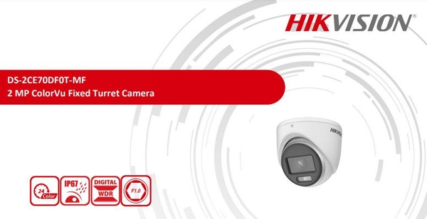 Camera bán cầu ColorVu 2MP Hikvision DS-2CE70DF0T-MF, đèn trắng 20m, IP67, bản kinh tế