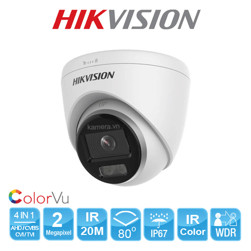 Camera bán cầu HD-TVI ColorVu 2MP Hikvision DS-2CE70DF0T-PF, đèn trắng 20m, có màu ban đêm