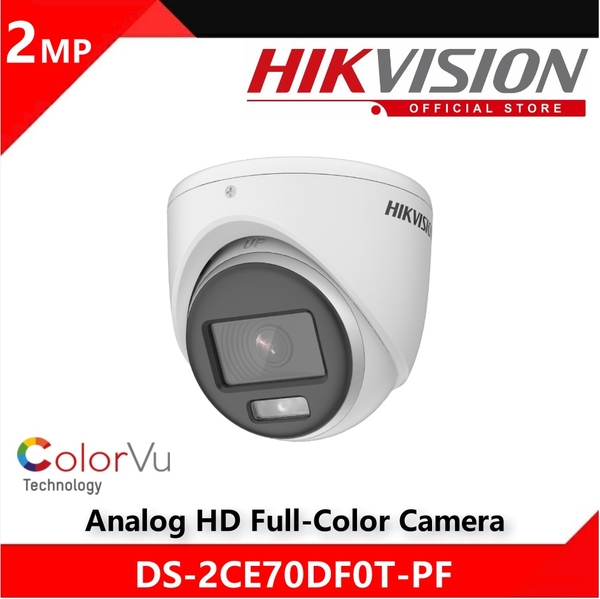 Camera bán cầu HD-TVI ColorVu 2MP Hikvision DS-2CE70DF0T-PF, đèn trắng 20m, có màu ban đêm