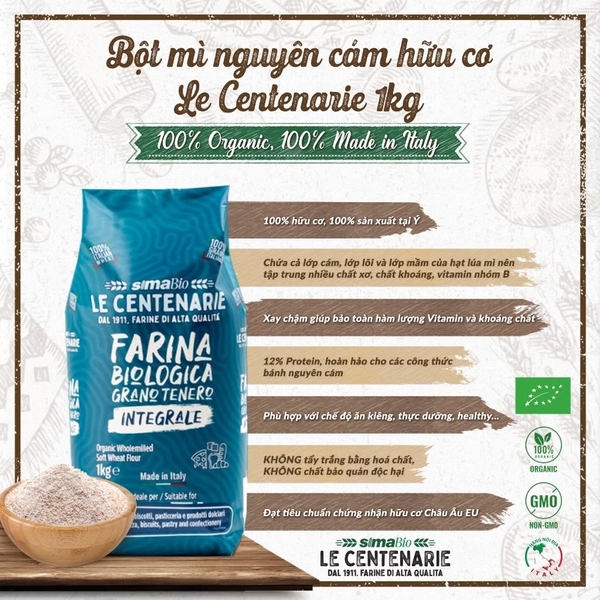 Bột mì nguyên cám hữu cơ số 13 Le Centenarie 1kg (XANH NƯỚC BIỂN)