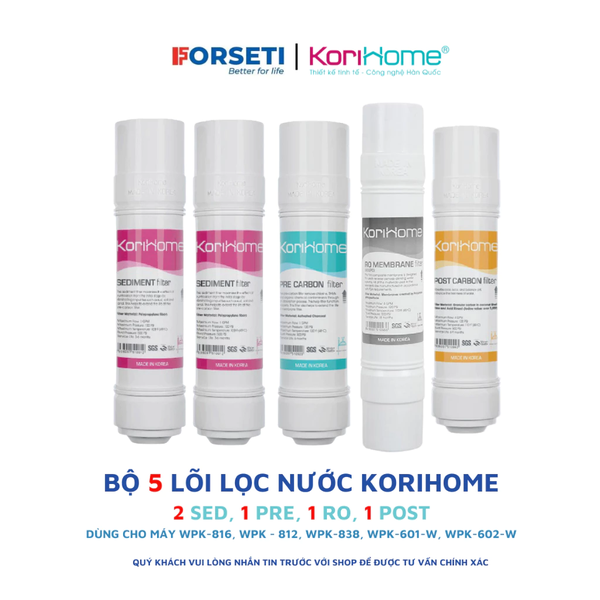 Combo 5 lõi lọc nước Korihome (2 sediment + 1 precarbon+1 postcarbon+1 màng RO) hệ lõi cắm nhanh máy WPK-812, WPK-816