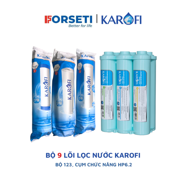 Bộ 10 lõi lọc nước Karofi chính hãng dùng cho máy lọc nước Karofi KAD-C55, KAD-M28,...(123, RO 100GPD Mỹ, HP 6.2)