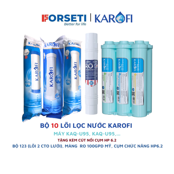 Combo 10 lõi lọc nước karofi (12CTO3, RO 100GPD Mỹ, cụm HP 6.2) dùng cho máy KAQ-U05, KAQ-U95, S-S038,...