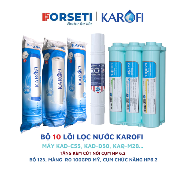 Bộ 10 lõi lọc nước Karofi chính hãng dùng cho máy lọc nước Karofi KAD-C55, KAD-M28,...(123, RO 100GPD Mỹ, HP 6.2)
