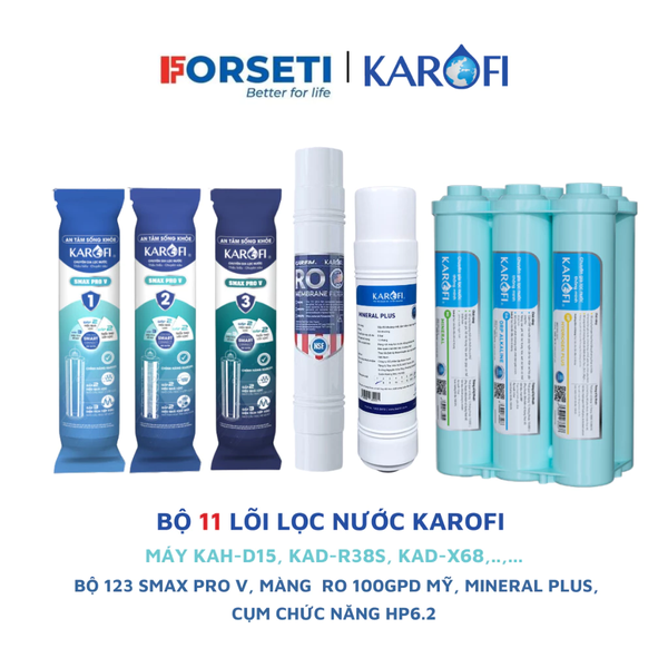 Bộ 11 lõi lọc nước Karofi chính hãng dùng cho máy lọc nước RO Karofi KAH-D15, KAD-R38S, KAD-X68,..