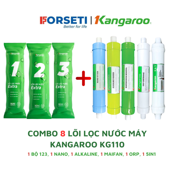 Combo 9 lõi lọc nước máy KG110 Kangaroo (123, RO 50GPD, Nano, Alkaline, Maifan, Orp, 5in1)