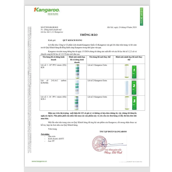 Combo 4 lõi lọc ( Bộ lọc thô số 1,2,3 + lõi số 1) cho máy lọc nước KANGAROO