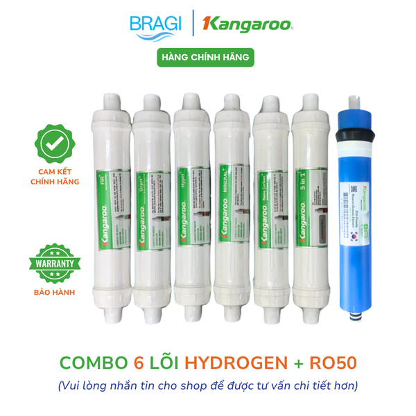 Combo màng RO 50 KGR và 6 lõi chức năng Hydrogen+ Kangaroo (Fir+, OrpH+, HypH+, Mineral+, Nano Carbon+, 5in1+)